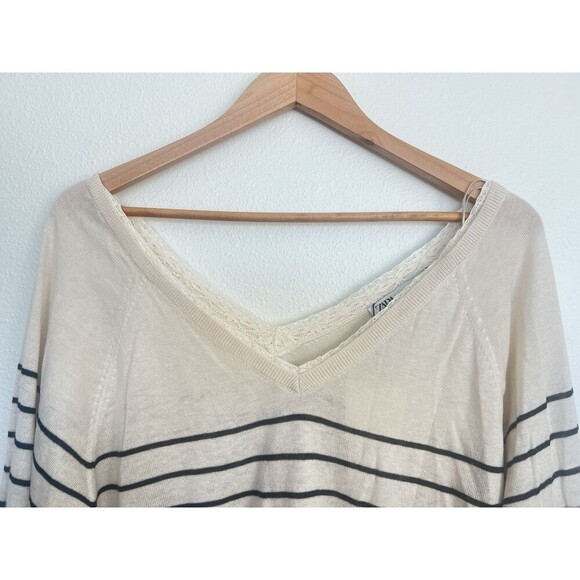 Zara Cream Striped V-Neck Wool Blend Sweater Lace Trim Coquette Preppy Coastal - Picture 2 of 7